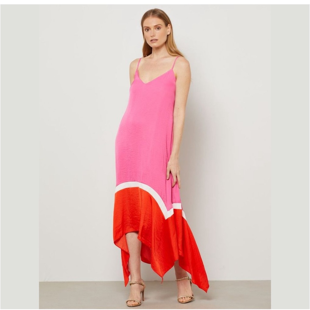 BCBG Colorblock Handkerchief Hem Dress. Shocking Pink/COMBO XS